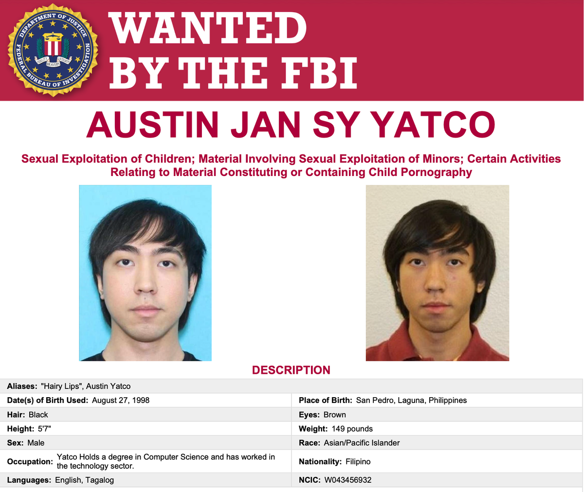 FBI offers ₱1.5 million reward for Filipino content creator linked to child porn network